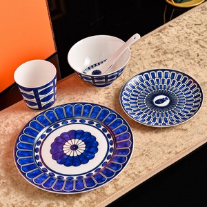 Blue And White Geometric Floral Porcelain Dinnerware <b>Set</b> For 2 With Plates Bowls Cups Spoons Luxury Gift Box For Home Wedding Pa - Product Image 2