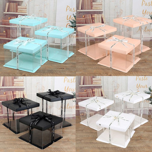 Custom Wedding Transparent Cake Box Wholesale Luxury White Square Tall Clear Cake Boxes Packing Birthday Party Gift Box