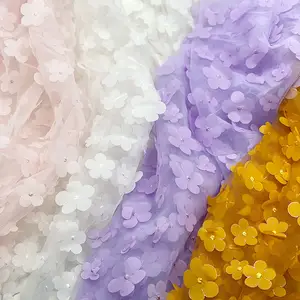 Wholesale floral tulle mesh fabric-DIY girl party new color fancy floral net dress pink white 3D flower net laser cut embroidery tulle lace fabric