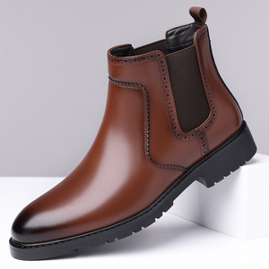Botas Chelsea para Hombre, Punta Puntiaguda, Cuero Genuino, Forro de Microfibra, Banda Elástica, Suela de Goma Antideslizante, Otoño - Product Image 1