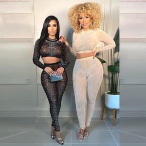Ensemble sexy en maille transparente avec strass pour femmes, tenue de soirée, ensemble coordonné, haut court et <span class=keywords><strong>leggings</strong></span> assortis, tenues d'anniversaire - Product Image 2