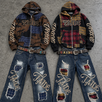 Ensemble sweat à capuche zippé et pantalon en jean déchiré à carreaux patchwork certifié BSCI TaiDe, broderie chenille, logo personnalisé, OEM ODM, vente en gros pour hommes