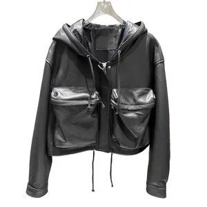 High Quality Hooded Pocket Long Sleeves Black Casual Womens Wholesale Genuine Sheep Leather Jacket China Manufacture
