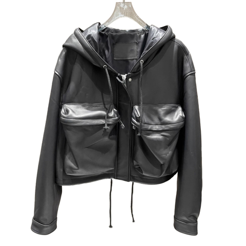 31102  High Quality Hooded Pocket Long Sleeves Black Casual Womens  Genuine Sheep Leather Coat