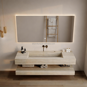 Wash Basin Floating Vanity Bathroom Hotel Wall Mounted Stone <b>Top</b> Integrated Sink Travertine Bathroom Vanity - Product Image 2
