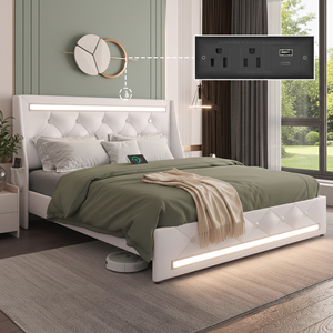 <b>Queen</b> <b>Size</b> Storage <b>Bed</b> Frame LED Lights Charging Station Modern Upholstered Platform <b>Bed</b> Diamond Headboard for Apartment Use - Product Image 2