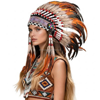 Coiffe indienne artisanale en plumes de coq avec strass, accessoire de chef tribal pour Halloween, cosplay, carnaval et danse