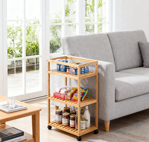 Keranjang troli lipat bambu tiga tingkat Modern dengan rak penyusun tipe berdiri pemegang mangkuk dapat dilipat untuk buku bunga - Product Image 4