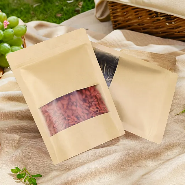 Wholesale Reusable Stand-Up Pouch Waterproof Kraft Paper Bags with Window for Business Zipper Top Customized Logo Packaging Bags