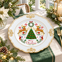 Assiette de Présentation de Noël de Luxe 13 pouces en Plastique, Motif Renne et Lapin Imprimé UV avec Bord Doré pour Tables Festives