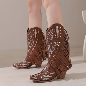 BUSY GIRL KK4692 <span class=keywords><strong>Botas</strong></span> hasta la rodilla Zapatos de <span class=keywords><strong>mujer</strong></span> 2024 Borlas blancas Tacones de bloque de cristal Señoras Bota Country <span class=keywords><strong>Botas</strong></span> de vaquero para <span class=keywords><strong>mujer</strong></span> - Product Image 4