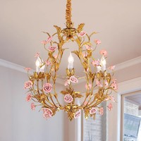 Lustre en fer forgé américain, style pastoral vintage, design français, lampe de chambre dorée rose avec LED et suspension en céramique pour restaurant