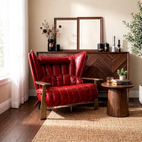 Fauteuil Vintage de Luxe en Cuir Véritable Rouge avec Pieds en Fer et Bois Massif pour Hôtel, Maison, Bureau, Salon, Villa – Canapé d'Angle Capitonnée