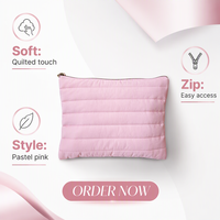 Pochette matelassée en nylon Luda grande taille avec fermeture éclair, sac de rangement en polyester rose pastel doux pour cadeaux, maquillage, écouteurs