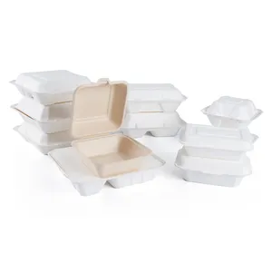 Restaurant Takeaway Clamshell Food Container Biodegradable Bagasse Sugarcane Paper Bento Lunch Box