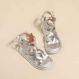 Sandales pour filles, sandales romaines à lanières argentées pour enfants, à tige haute - Product Image 3