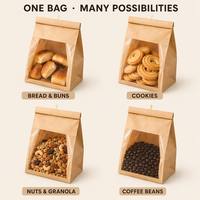 Bulk Kraft Paper Window Bakery Bag Gold Wire Tie Gusseted Stand Base Food Safe BPA Free Custom Logo Various Size Eco Friendly