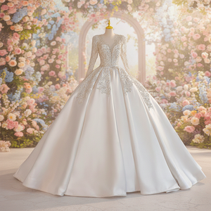 Abito da sposa in raso stile francese per la sposa estiva, scollo a V, maniche lunghe, con texture elaborata, vita impero, per feste - Product Image 2