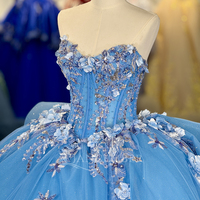 Robes de bal Quinceañera Jancember 6865 populaires, bleues, avec décolleté cœur, baleines et fleurs appliquées