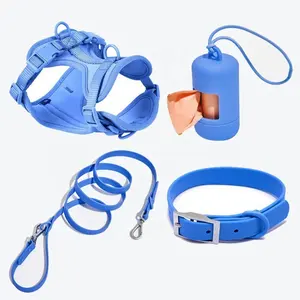 Stock New Custom LOGO Luxury Lightweight Dog Harness PVC Waterproof Dog Collar Leash Set Matching Plain Color Poop Bag Dispenser