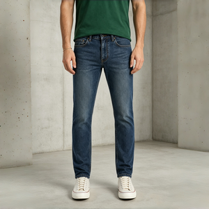 Men Classic Dark Blue Washed Slim Straight Leg Denim <b>Jeans</b> Stretch Comfort Casual Daily Business Streetwear Pants - Product Image 1