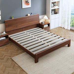 Lit en bois massif noyer 1,8 m, lit plateforme king size, style moderne minimaliste nordique, meubles de chambre à coucher - Product Image 3