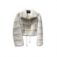 Veste Courte Rayée en Fausse Fourrure Tendance, Manteau Court Femme à Demi-Zip avec Cordon de Serrage, Vêtement d'Extérieur Décontracté en Fausse Fourrure pour l'Hiver