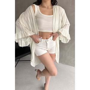 DEFILE Women's Elegant <b>White</b> Mesh <b>Cardigan</b> with Ruffled Sleeves, 100% Cotton Knitwear for Spring <b>Summer</b> Casual Wear - Product Image 1