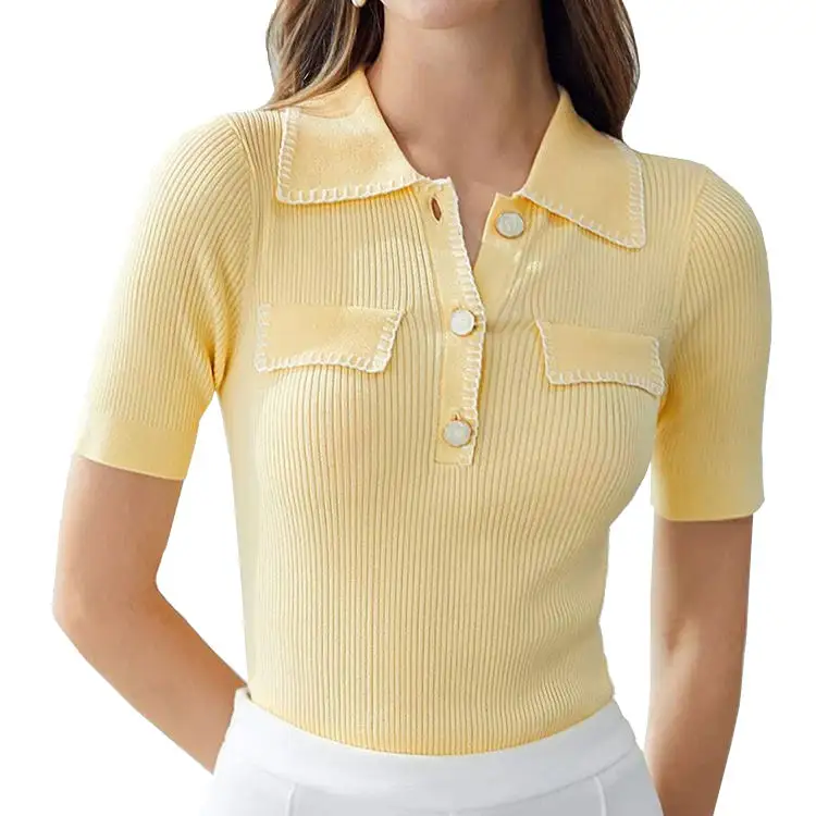 Design logo personnalisé oversize manches courtes bouton vers le haut filles pull coton tricot haut solide décontracté polo col chandails pour les femmes