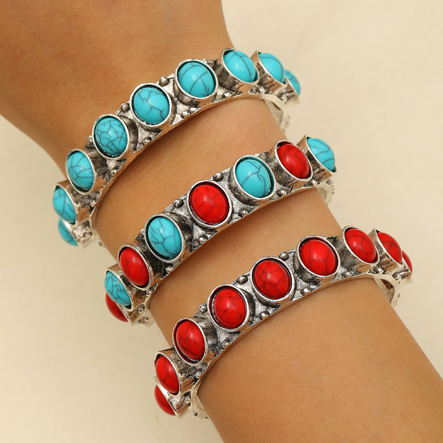 Women Western Red Turquoise Stone Cuff Bracelet Boho Southwestern Silver Open Bangle for Gift
