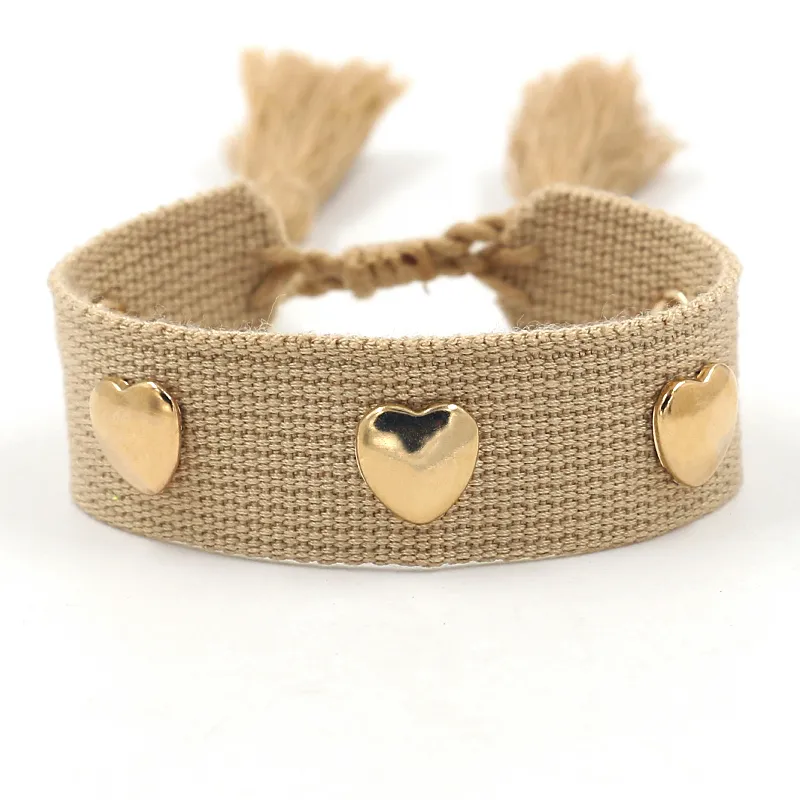 Ethnic Jewelry Friendship Bracelet Golden Heart-shaped Metal Rivets Woven Wristband Adjustable Size Webbing Tassel Bracelets