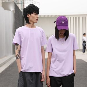 Confortable 180g glace soie coton cou pull couleur unie Logo à manches courtes coupe ample T-shirt pour garçons tissé tissu Base <span class=keywords><strong>chemise</strong></span> - Product Image 1