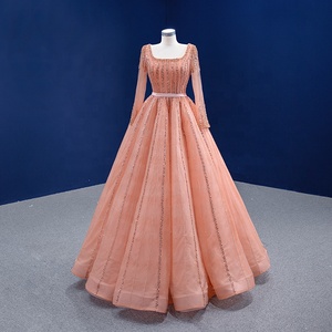 Новое поступление, вечернее платье для девочек, длинное платье в пол, с длинными рукавами, кораллового цвета, расшитое бисером, платья для выпускного вечера - Product Image 1
