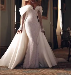 S0805Y 2026 Nuevo Vestido <span class=keywords><strong>de</strong></span> Novia <span class=keywords><strong>de</strong></span> Lujo con Pedrería, Hombros Descubiertos, Manga Larga, Satén, Cola <span class=keywords><strong>de</strong></span> Sirena Larga Desmontable y <span class=keywords><strong>de</strong></span> Doble Uso - Product Image 4