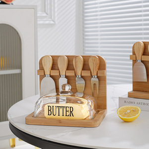 Juego de tabla de cortar de madera maciza para picar pan, fruta, Pizza, bistec, queso con cuchillo de bambú y tenedores, caja de mantequilla de vidrio rectangular - Product Image 1