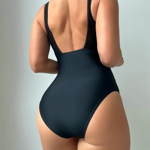 Maillot de bain une pièce en maille patchwork de couleur unie pour femmes, noir, SMLXL, pour la natation et les sports nautiques - Product Image 2