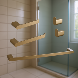 Ensemble d'accessoires de salle de bain en laiton brossé, montage mural, design contemporain linéaire, 5 pièces - Product Image 2