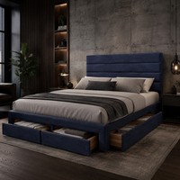 Lit plateforme moderne en tissu bleu foncé avec rangement et sommier à lattes pour chambre à coucher – Distributeur B2B personnalisé