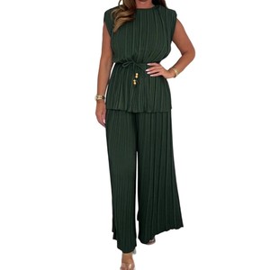Femmes col rond couleur unie haut sans manches <span class=keywords><strong>pantalon</strong></span> droit plissé décontracté 2 pièces ensemble Sehe mode - Product Image 5