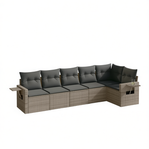 Pe Rattan Garden Sofa Set 6 Seater Outdoor Furniture Weather Resistant Contemporary Design Steel <b>Frame</b> <b>Grey</b> Cushions - Product Image 1