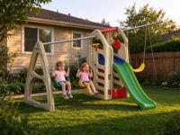 Ensemble de balançoires pour enfants avec toboggan et maisonnette, équipement de terrain de jeu extérieur, combinaison balançoire-toboggan-escalade pour enfants de maternelle