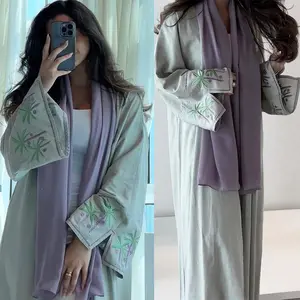 Customized Highend Embroidery abaya Turkish Saudi Style 3D Embroidery Muslim Ladies Fashion Robe Linen Fabric Split Sleeve abay