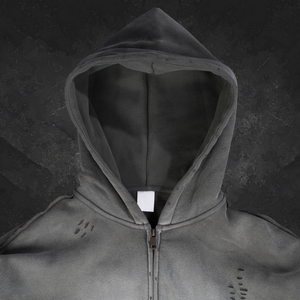 Pull-over à capuche surdimensionné pour hommes avec fermeture à glissière, délavé à l'acide, avec logo personnalisé du fabricant - Product Image 3