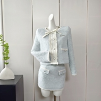 Manteau court bleu automne/hiver pour femmes taille haute jupe demi-corps ensemble deux pièces