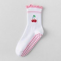 Chaussettes douces à volants pour femmes avec broderie nœud cerise antidérapantes pour le yoga et le Pilates