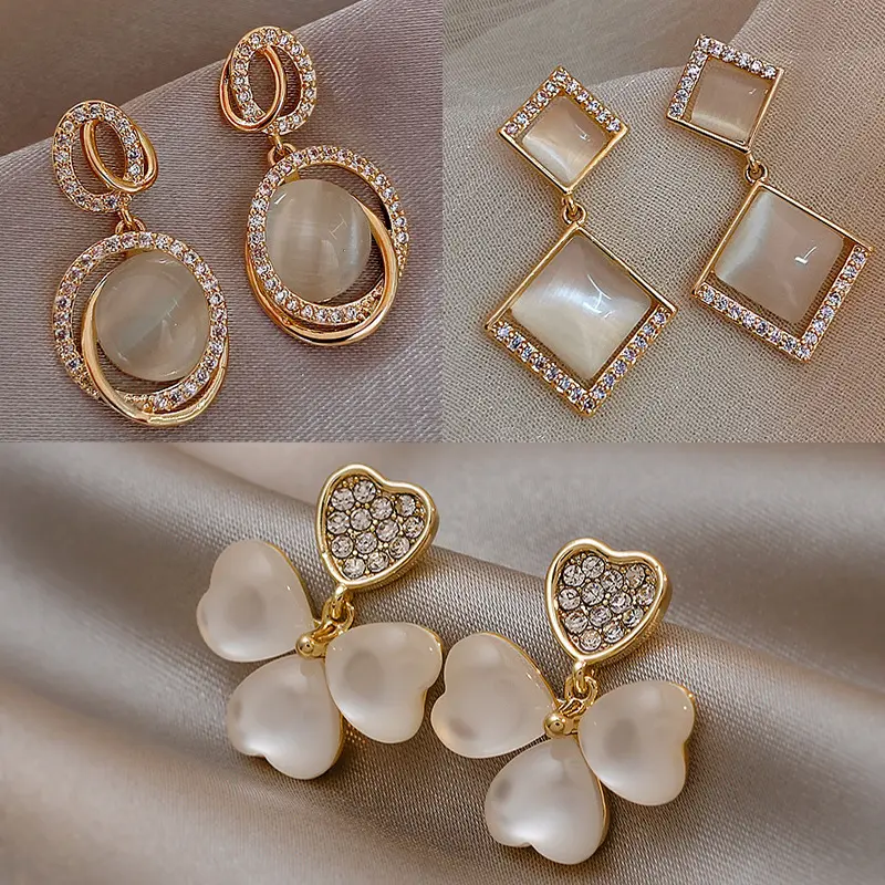 S925 sterling silver korean new design exquisite simple opal rhinestone geometry flower fashion jewelry earrings