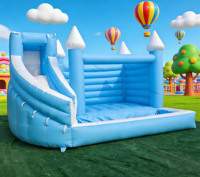 Location de château gonflable blanc moderne de grande taille avec toboggan et fosse à balles, en PVC, pour usage commercial, installation facile, capacité supérieure à 400 kg