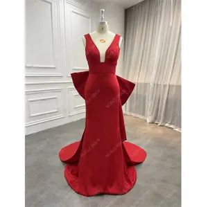 Women Mermaid Red Detachable Overskirt and Bow High Quality Crepe Custom Evening Dress