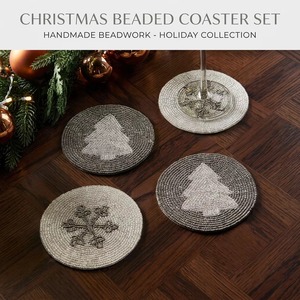 Christmas Beaded Coaster , Round Holiday Drink Coasters with <b>Tree</b> & Snowflake Design for Bar, Dining Table & Home Decor - Product Image 2