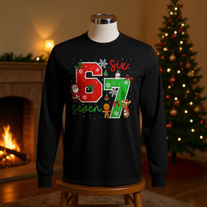 Six Seven 67 Meme T-shirt à manches longues assorti de Noël Couple Chemise de vacances personnalisée - Product Image 3